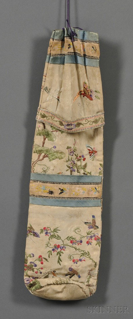 Embroidered Bag, China, 19th century, decoration o: Embroidered Bag, China, 19th century, decoration of phoenixes, flowers, birds, and bats, lg. 15 1/2 in.