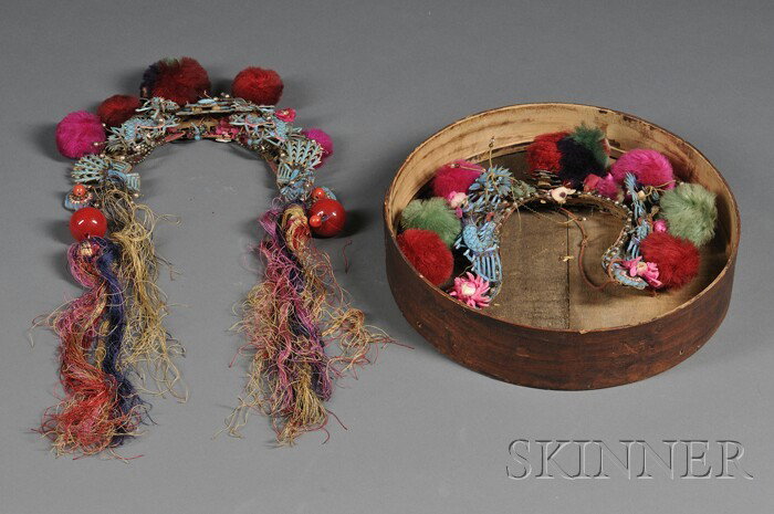 Opera Headdress, China, early 20th century, with k: Opera Headdress, China, early 20th century, with kingfisher feathers, in a glass box.