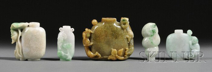 Five Jadeite Snuff Bottles, pale green with apple : Five Jadeite Snuff Bottles, pale green with apple green markings to brown in color, each ht. approx. 2 in.