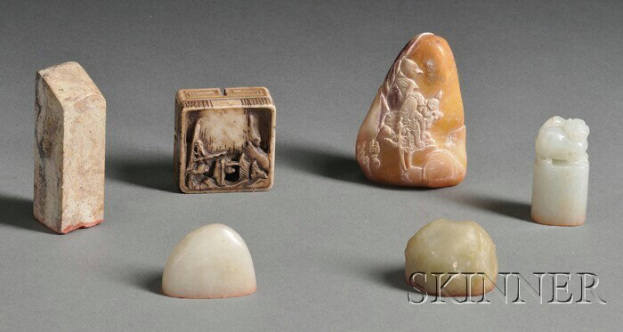 Six Seals, China, 19th/early 20th century, three j: Six Seals, China, 19th/early 20th century, three jade and three soapstone, ht. to 2 1/4 in.