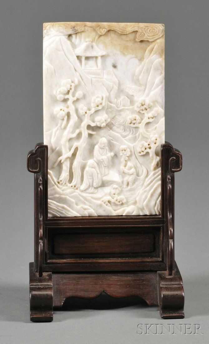 Table Screen, China, 19th century, chicken bone-co: Table Screen, China, 19th century, chicken bone-colored jade, rectangular plaque carved in relief with scholars in a pine grove, carved rosewood stand, ht. 6 1/4, wd. 3 3/4 in.