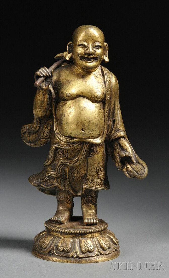 Gilt-bronze Buddha, China, 19th century, standing : Gilt-bronze Buddha, China, 19th century, standing figure of Mi Lo Fu, ht. 6 in.