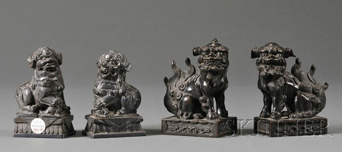 Two Pairs of Foo Dogs, China, late 19th century, b: Two Pairs of Foo Dogs, China, late 19th century, bronze and carved soapstone, ht. 5 1/2 and 5 in.