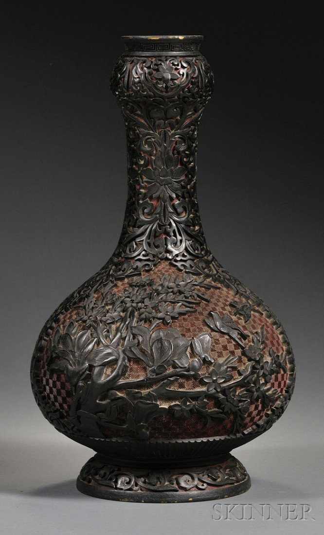 Cinnabar Vase, China, late 19th century, black on: Cinnabar Vase, China, late 19th century, black on red, design of birds and flowers on a ground of lotus scrolls, ht. 13 1/2 in.