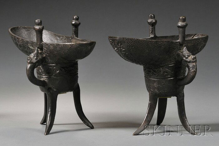Pair of Bronze Cups, 18th century, ritual form ch: Pair of Bronze Cups, 18th century, ritual form chueh with an extensive inscription, ht. 6 1/8 in.