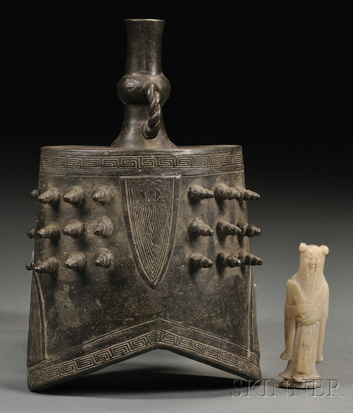 Bronze Bell, China, 19th century, archaic-style,: Bronze Bell, China, 19th century, archaic-style, together with a small soapstone figure, ht. 10 1/2, 4 in.