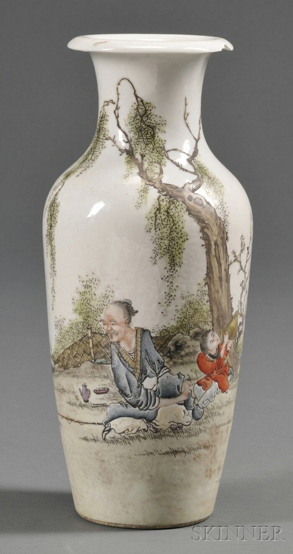 Porcelain Vase, China, dated 1946 and signed Wang: Porcelain Vase, China, dated 1946 and signed Wang Ta Fan, famille rose design of a man and child, (chip), ht. 10 in.