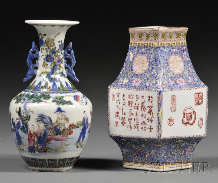 Two Porcelain Vases, China, early 20th century, a: Two Porcelain Vases, China, early 20th century, a Wu Tsai vase with flanged handles decorated with children, and a triangular-shaped vase, ht. 8 1/2, 8 in.