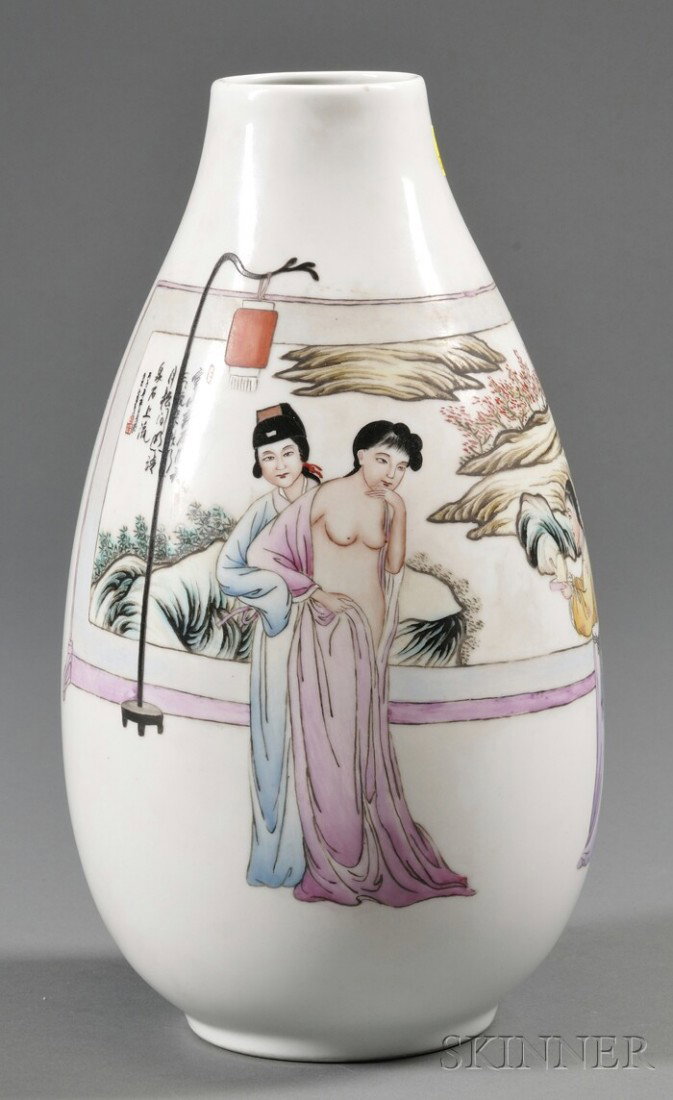 Famille Rose Vase, China, Republican period, pear: Famille Rose Vase, China, Republican period, pear-shaped, scene of a woman dressing before a screen, signed, ht. 12 1/4 in.