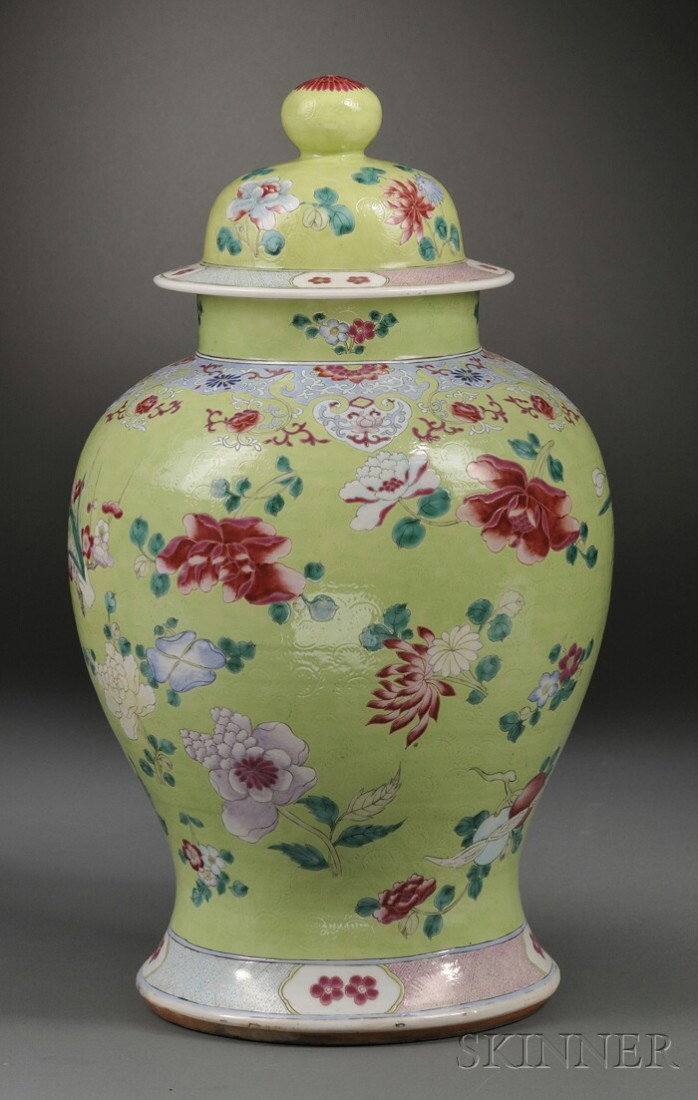 Porcelain Baluster Jar and Cover, China, 19th cen: Porcelain Baluster Jar and Cover, China, 19th century, chartreuse ground with famille rose decoration of flowers, ht. 19 in.