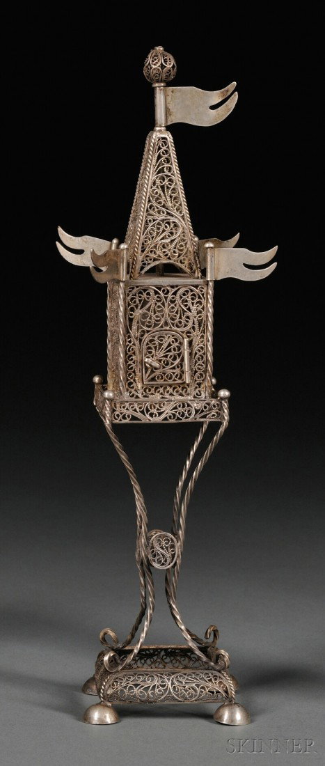 Austrian .800 Silver Filigree Tower-form Spice Cont: Austrian .800 Silver Filigree Tower-form Spice Container, Vienna, third quarter 19th century, with rectangular body and peaked roof, composed of wirework scrolling filigree, roof with single pennant b