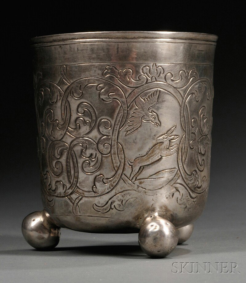Russian Silver Beaker, Moscow, mid-late 18th centur: Russian Silver Beaker, Moscow, mid-late 18th century, maker likely Andres Gerasimov, cylindrical, chased with roundels of tree, running hound, and a hare and bird, within strapwork, raised on three ba
