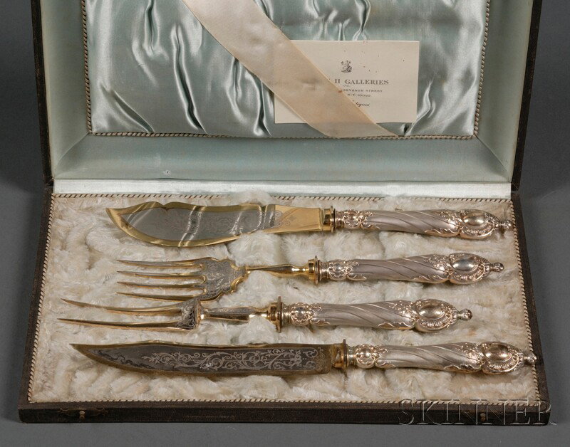Boxed Set of Four European Parcel-gilt .800 Silve: Boxed Set of Four European Parcel-gilt .800 Silver Flatware Servers, 20th century, comprising a fish fork and knife, and a carving fork and knife, lg. to 12 in., in fitted case.