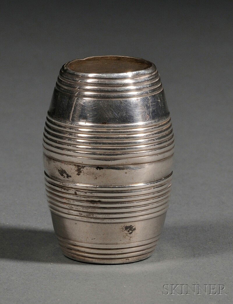 George III Silver Nutmeg Grater, London, 1795, Sam: George III Silver Nutmeg Grater, London, 1795, Samuel Massey, maker, of barrel-form with ribbed decoration, interior with grating surface, ht. 1 7/8 in., approx. 0.85 troy oz.