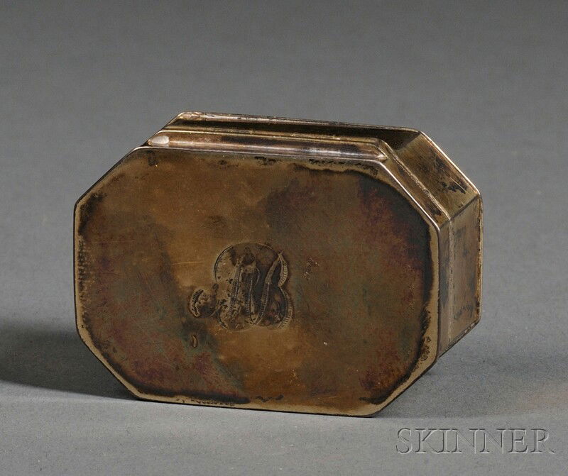 George III Goldwashed Silver Nutmeg Grater, Londo: George III Goldwashed Silver Nutmeg Grater, London, 1795, T. Phipps and E. Robinson, makers, rectangular, with clipped corners, monogrammed lid to one side opening to grating surface, second lid openi