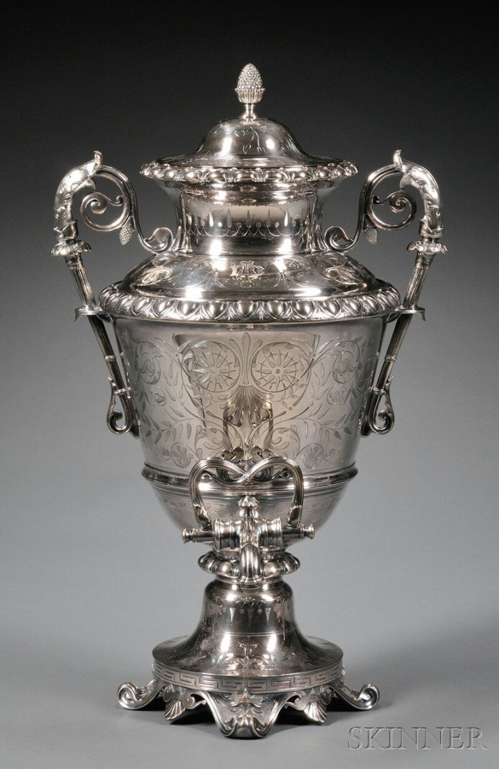 Large Victorian Electroplate Hot Water Urn, late 1: Large Victorian Electroplate Hot Water Urn, late 19th century, Elkington & Co., makers, domed lid, acanthus scroll loop handles, body engraved with anthemia scrolls, scrolled tap, trumpet base with Gr