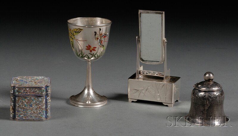 Four Small Chinese Export Silver Items, early 20th: Four Small Chinese Export Silver Items, early 20th century, a cloisonne box, ht. 1 3/8, a bell-shaped mustard pot, ht. 1 7/8, a cordial stem with champleve enamel decoration of two butterflies, ht. 3