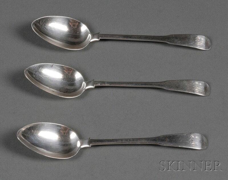 Set of Six Federal Coin Silver Tablespoons, Boston: Set of Six Federal Coin Silver Tablespoons, Boston, late 18th century, Ebenezer Moulton, maker, plain fiddle, with bright cut monogram, lg. 7 3/8 in., approx. 6.2 troy oz.