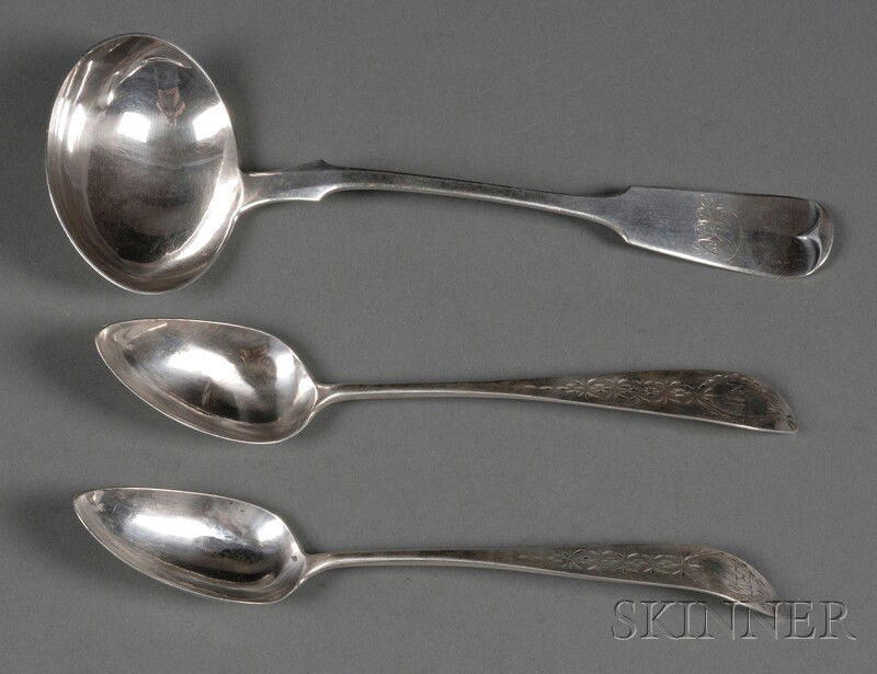 Three Coin Silver Tableware Items, a pair of early: Three Coin Silver Tableware Items, a pair of early Federal place spoons, late 18th century, John Bedford, Fishkill, New York, maker, with bright cut decoration and monogram, lg. 9 1/8, and an R. & W.