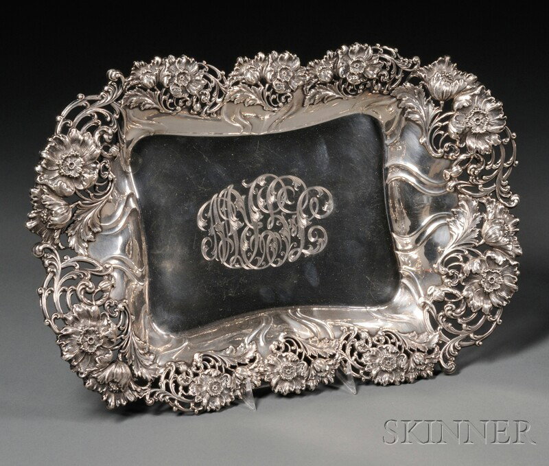 Theodore B. Starr Sterling Serving Dish, c. 1900, : Theodore B. Starr Sterling Serving Dish, c. 1900, oblong, with shaped sides and heavily molded and reticulated floral rim, engraved to center, lg. 15 1/2, wd. 10 1/4 in., approx. 31.5 troy oz.