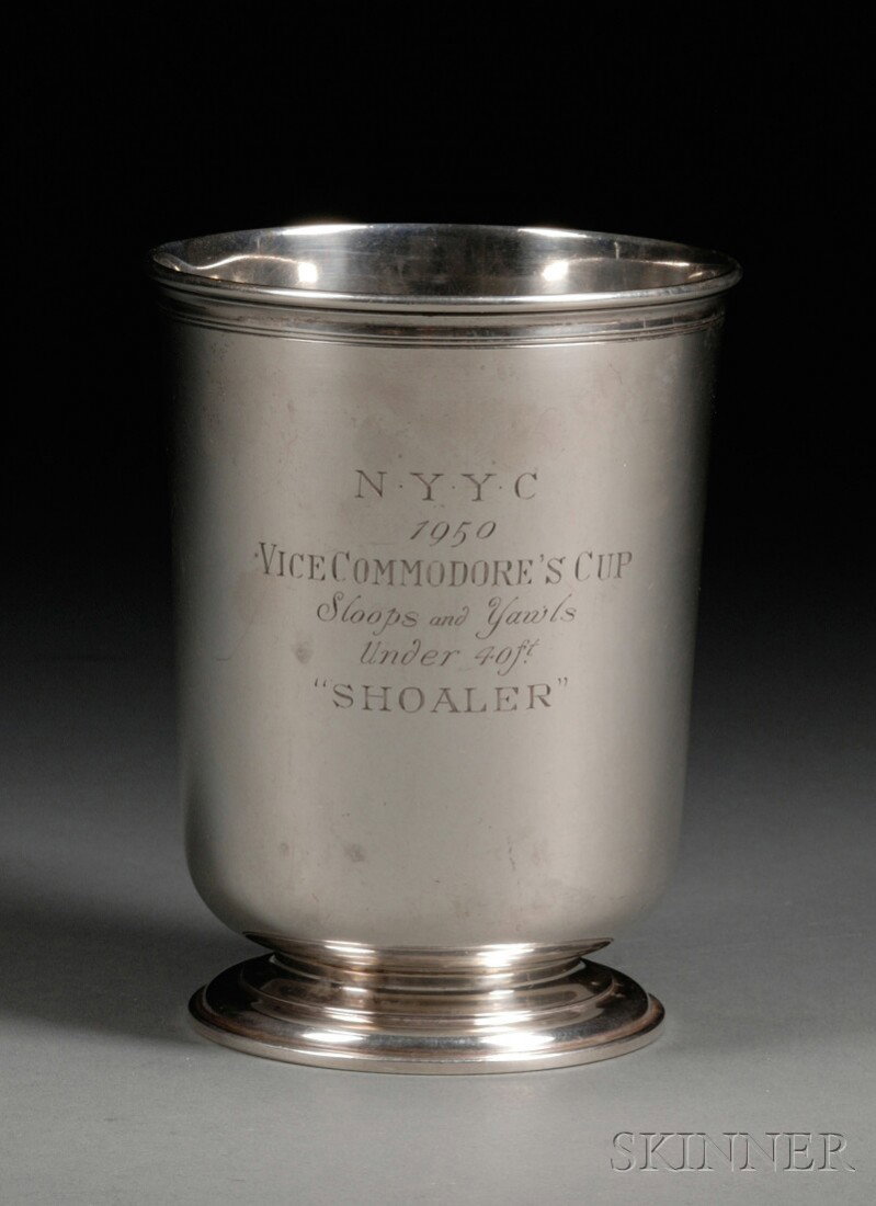 Enkso Sterling Colonial-style Trophy Beaker, New Y: Enkso Sterling Colonial-style Trophy Beaker, New York, c. 1950, a reproduction of a Jacob Hurd example, cylindrical, with reeded rim and spreading foot, engraved as a New York Yacht Club trophy for 19