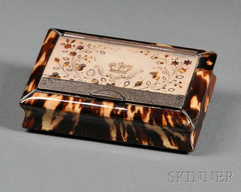 Dated Mother-of-pearl, and Silver Mounted Tortoise: Dated Mother-of-pearl, and Silver Mounted Tortoiseshell Snuff Box, England, c. 1848, rectangular shape, the cover with gold hinge and inscribed mother of pearl with date below a verse and crown and wi