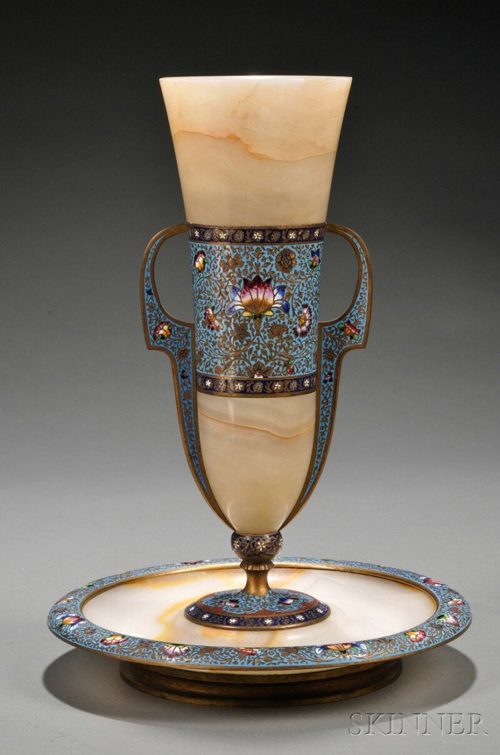 Blue Ground Champleve and Green Onyx Centerpiece,: Blue Ground Champleve and Green Onyx Centerpiece, France, 19th century, the slender two handled vase over a circular dished base, ht. 12 3/4 in. Provenance: Purchased at Ker's Furniture Shop in Helens