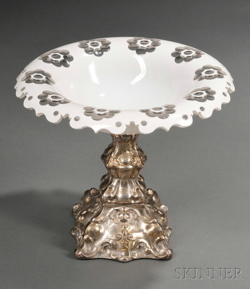 Bohemian White Overlay Glass Compote, 19th centur: Bohemian White Overlay Glass Compote, 19th century, floral designed border, mounted atop a molded silver base, dia. 9, ht. 7 1/2 in.