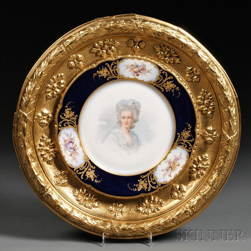 Framed Sevres Porcelain Portrait Plate, France, c.: Framed Sevres Porcelain Portrait Plate, France, c. 1763, with hand-painted depiction of Madame Necker, nee Suzanne Curchod (1737-1794), signed "J. Gaurget," with navy blue rim embellished with three h