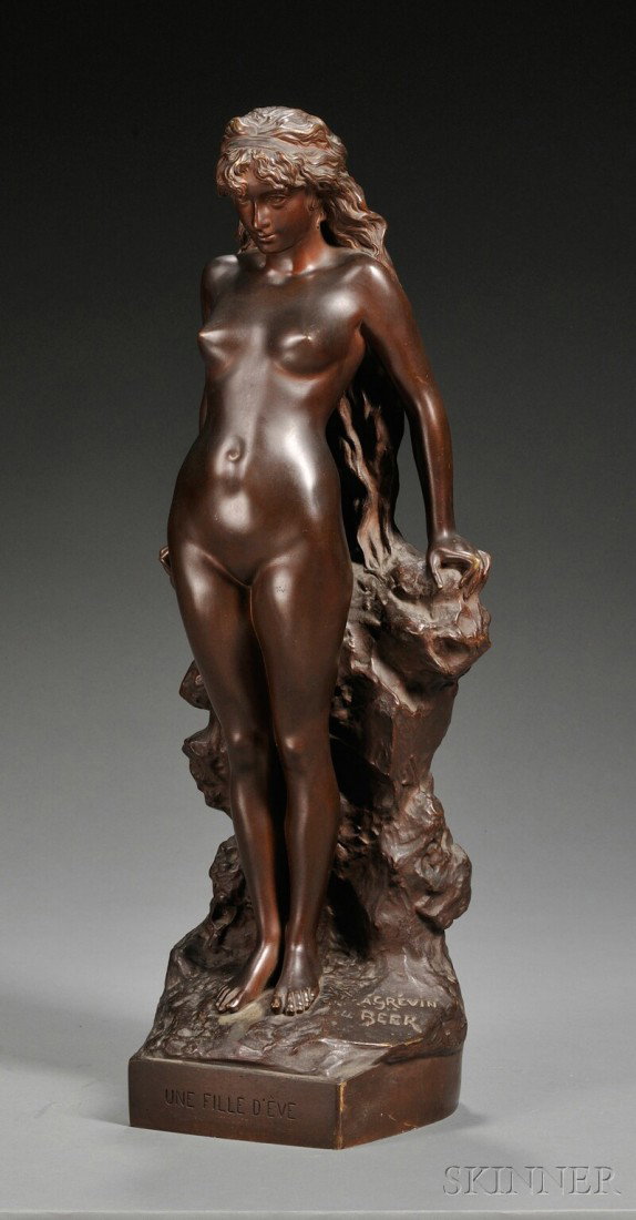 Alfred Grevin (French, 1827-1892) and Friedrich Be: Alfred Grevin (French, 1827-1892) and Friedrich Beer (1846-1912) Une Fille d'Eve, cast as a nude woman with flowing hair against a rocky outcropping, with chocolate patina, signed "A. Grevin B