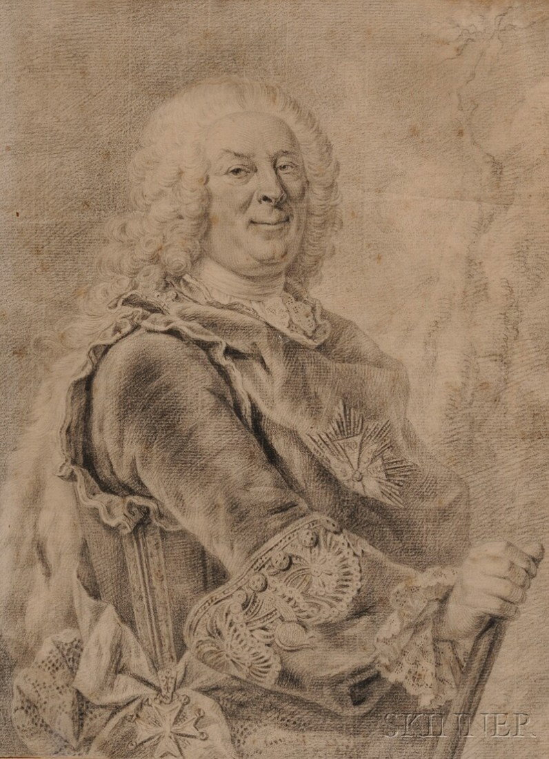Continental School, 18th Century Portrait of a Nob: Continental School, 18th Century Portrait of a Nobleman Unsigned. Graphite on laid paper with "SCK" watermark, 10 1/4 x 7 1/2 in. (26.0 x 19.0 cm), framed. Condition: Pinhole u.l., toning, foxing, han