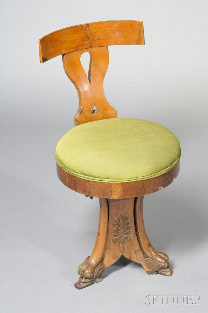 Biedermeier Swivel Chair, with pierced vasiform sp: Biedermeier Swivel Chair, with pierced vasiform splat, circular upholstered seat, and tripod dolphin-form legs, seat ht. 20 in.