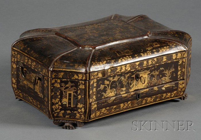 Chinese Export Lacquer Sewing Box, China, 19th ce: Chinese Export Lacquer Sewing Box, China, 19th century, paneled sides gold and enamel decorated with figures in courtyard settings, compartmented interior with numerous carved ivory accessories, lg. 1