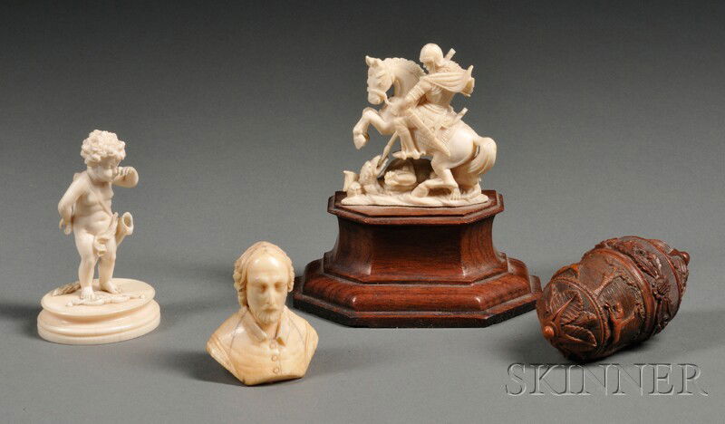 Three Bone Carvings and a Carved Nutshell Box, a: Three Bone Carvings and a Carved Nutshell Box, a carving of St. George slaying the dragon on a wood pedestal, ht. 4 1/4; a teary cupid who dropped his bow and arrows, ht. 3 1/8; a male bust, ht. 2; an