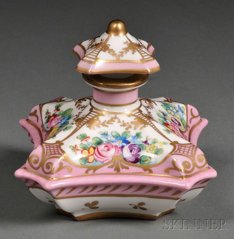Old Paris Porcelain Perfume Bottle, early 19th cen: Old Paris Porcelain Perfume Bottle, early 19th century, squat, shaped body with four hand-painted flower sprays and pink and gilt decoration, with stopper, overglazed blue mark to base, ht. 4 3/4 in.