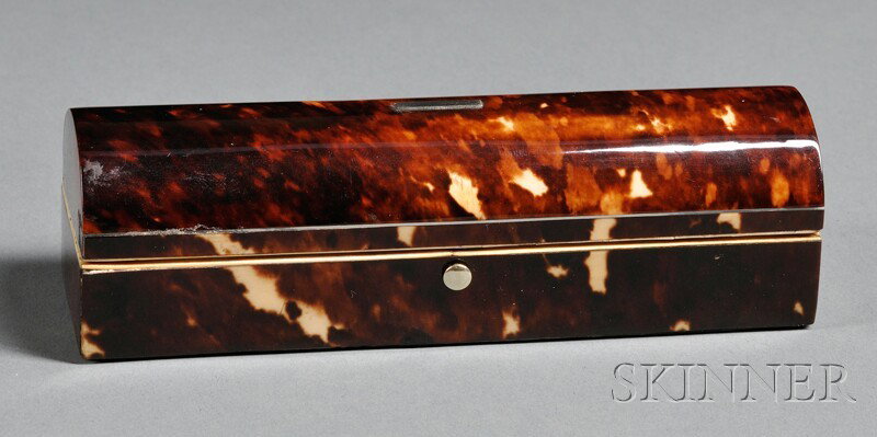 Tortoiseshell Box, England, early to mid 19th cent: Tortoiseshell Box, England, early to mid 19th century, rectangular shape with a hinged domed cover having silver piping and a small applied silver medallion, ivory trimmed interior, lg. 5 3/8 in.
