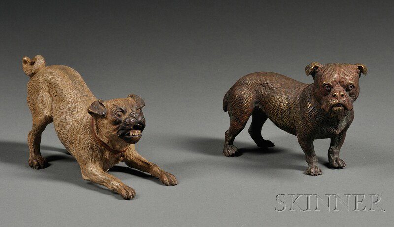 Two Austrian Cold-painted Bronze Dogs, one a stan: Two Austrian Cold-painted Bronze Dogs, one a standing bulldog with a thick collar, lg. 4 1/2; the other a snarling pug in a defensive position, lg. 5 in.