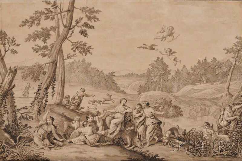 Continental School, 18th/19th Century, After Franc: Continental School, 18th/19th Century, After Francesco Bartolozzi (Italian, 1727-1815) Diana and Her Maidens Unsigned, inscribed "Bartolozzi - Virgin Goddess of Hunting" in pencil on the reverse. Ink