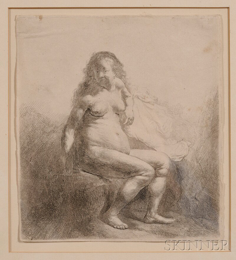 Rembrandt van Rijn (Dutch, 1606-1669) Naked Woman: Rembrandt van Rijn (Dutch, 1606-1669) Naked Woman Seated on a Mound Unsigned, identified on a label from Sessler's Book Shop, Philadelphia, on the backing paper, a 19th-century printing (Bartsch/White