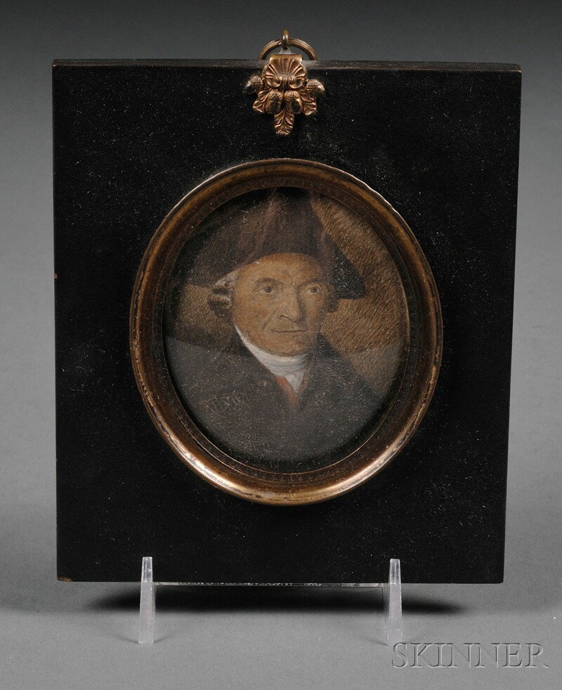 Attributed to Solomon Polack (Flemish, 1757-1839) : Attributed to Solomon Polack (Flemish, 1757-1839) Miniature Self Portrait, oval format, pencil and gouache on paper, depicting a middle-aged man wearing a tricorn hat, inscribed "Soloman Polack R. A. 