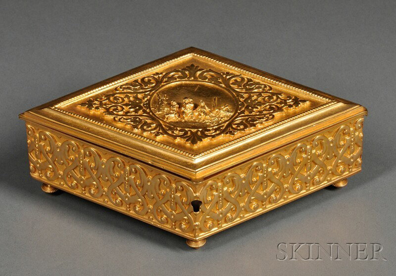Dore Bronze Box, France, 19th century, diamond-sha: Dore Bronze Box, France, 19th century, diamond-shaped with repousse decoration, the hinged lid with roundel of fisherfolk, body with continuous double heart pattern, on knopped feet, lg. 7 3/4 in.