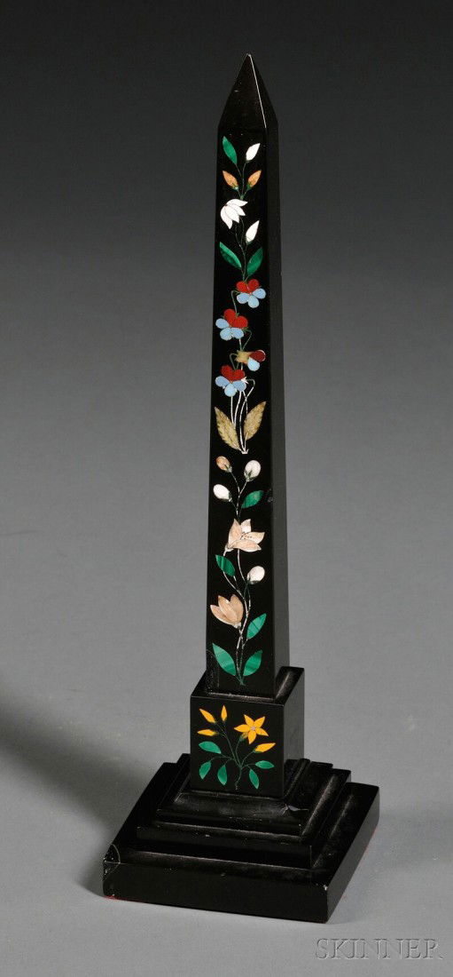 Pietra Dura Obelisk, 20th century, with inlaid pol: Pietra Dura Obelisk, 20th century, with inlaid polychrome climbing flower design, on square stepped base, ht. 13 in.