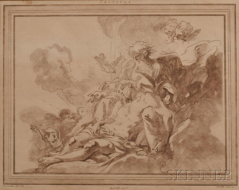 After Francois Boucher (French, 1703-1770), Engrav: After Francois Boucher (French, 1703-1770), Engraved by Simon Watts (British, active 1767-1787) Trinitas Signed "Fra. Boucher delt. 1765" l.l. and "Sim. Watts sculpt. 1771" l.r. in the plat