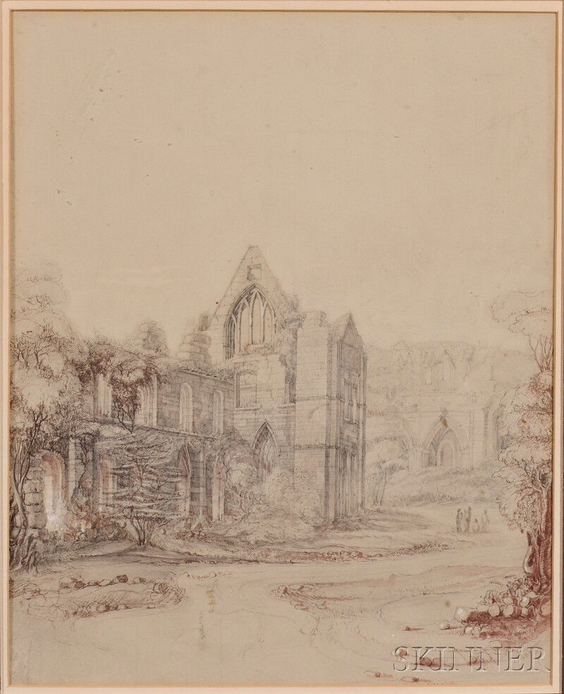 British School, 19th Century Dryburgh Abbey Dated: British School, 19th Century Dryburgh Abbey Dated and inscribed "Fin'd May/1852/C.J.F.E." l.l. and "Dryburgh/Octb. 1840" l.r., possible signature l.c. Ink, wash, and whiting on paper, 16 5/
