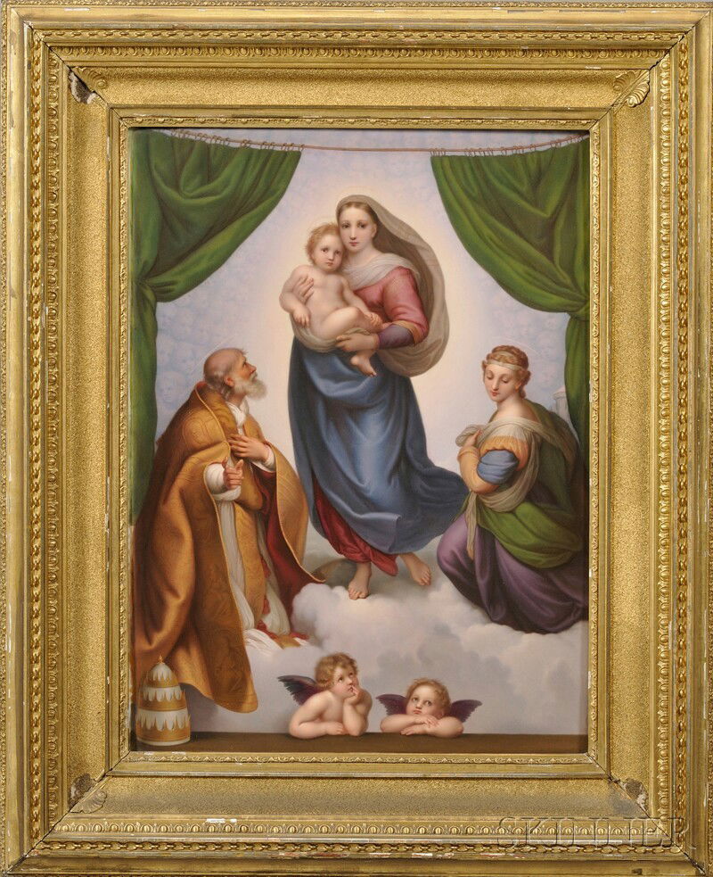 Framed German Porcelain Plaque Depicting The Sisti: Framed German Porcelain Plaque Depicting The Sistine Madonna, 19th century, after Raphael, rectangular shaped and polychrome enamel decorated, with the standing Madonna and Child flanked by Saints Six