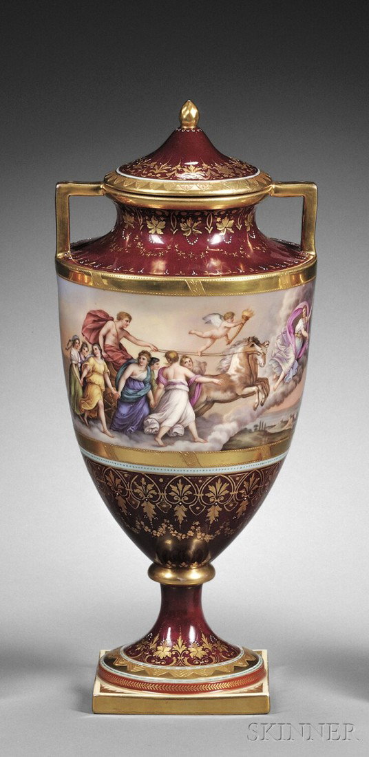 Vienna Porcelain Vase and Cover, 19th century, urn: Vienna Porcelain Vase and Cover, 19th century, urn-form with central hand-painted scenes of the Triumph of Venus and Aurora, on maroon ground with turquoise accents and gilding, on square base, with b