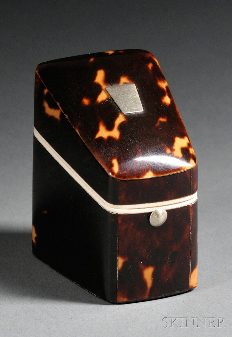 Tortoiseshell Needle and Thimble Case, England, ea: Tortoiseshell Needle and Thimble Case, England, early 19th century, knife box shape with silver cartouche, hinged lid revealing a fitted ivory interior, ht. 2 1/8 in.