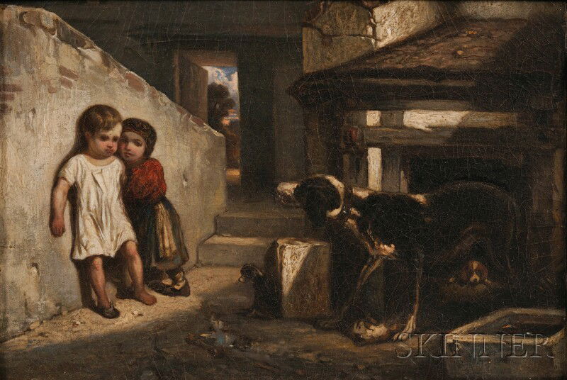 British School, 19th Century The Confrontation: A: British School, 19th Century The Confrontation: A Mother Dog Protecting Her Pups Unsigned. Oil on canvas, 12 3/4 x 18 in. (32.5 x 45.8 cm), framed. Condition: Lined, retouch, rippling, craquelure, sur