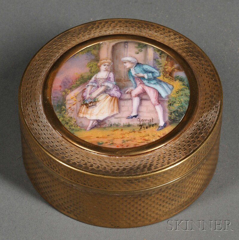 Gold-tone Box with Limoges Enamel Plaque to Lid, F: Gold-tone Box with Limoges Enamel Plaque to Lid, France, 19th century, depicting a courting couple in a landscape, signed and inscribed "Gamet France," box engraved over all with a pattern of wavy lin