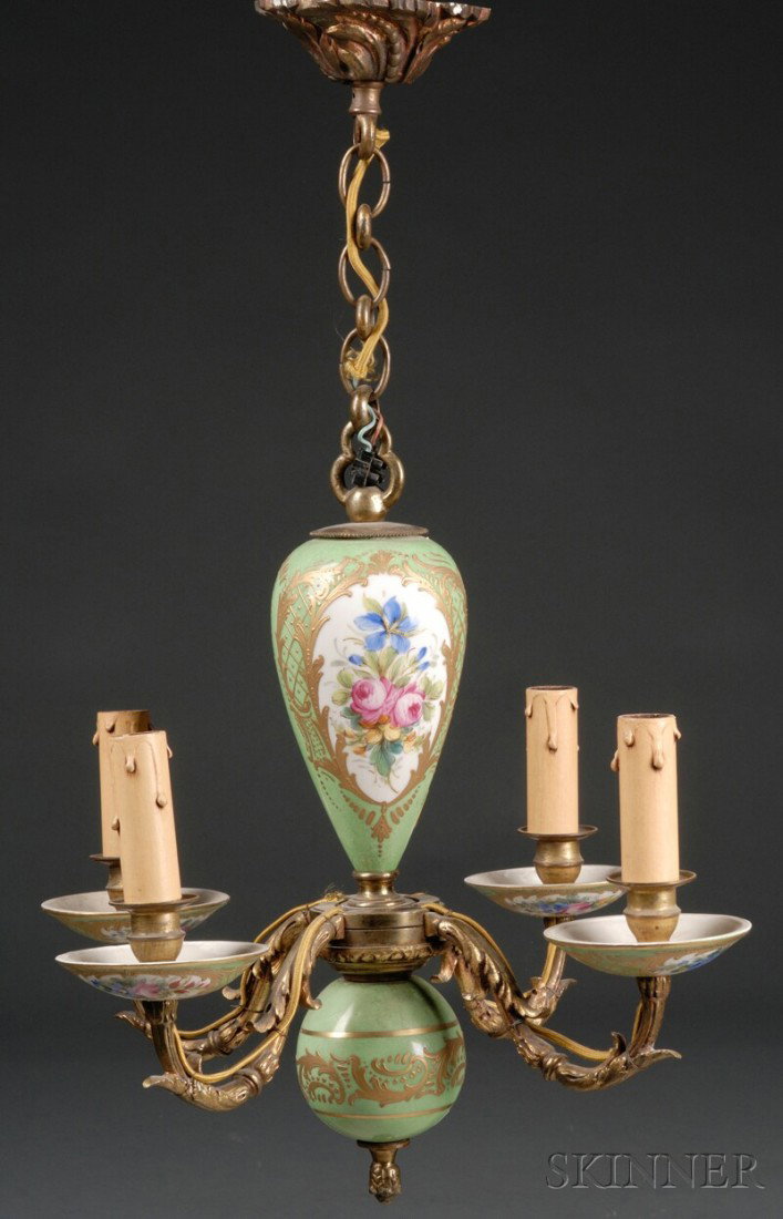 Sevres Porcelain Gilt-metal Mounted Four-light Cha: Sevres Porcelain Gilt-metal Mounted Four-light Chandelier, France, 19th century, with central column, bottom ball, and candlecups with green ground, hand painted flower sprays, and gilding, ht. withou